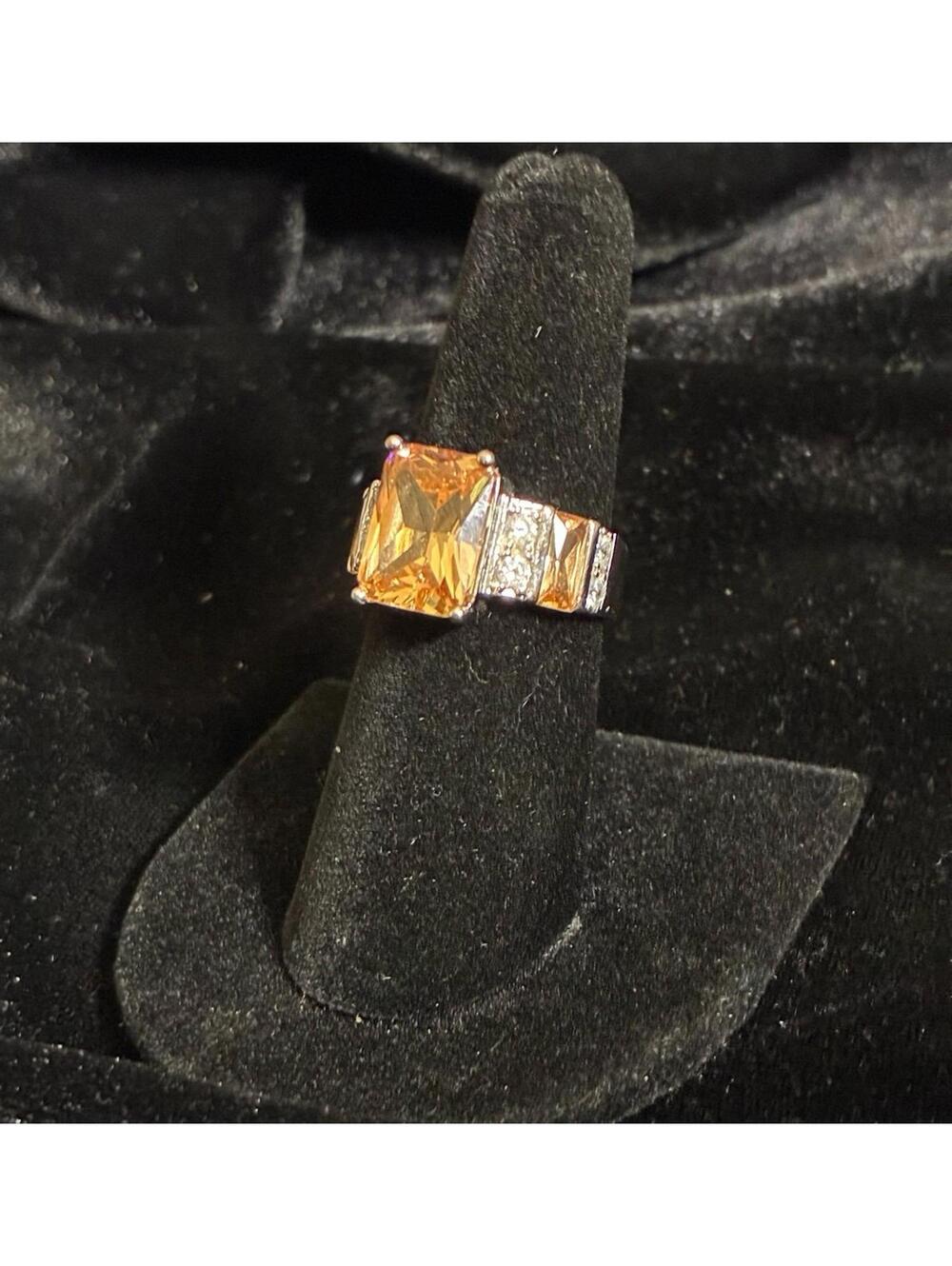 Emerald-Cut Orange Stone Cocktail Ring with Sparkling Accents Size 7